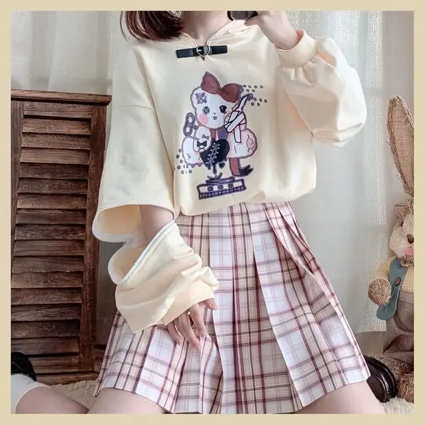 Autumn Sleeves Detachable Bear Print Pullover Hooded Sweatshirt Sweet Women Kawaii Buckle Neck Hoody Teenager Girl Outwear