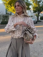 Doux femmes volants Plaid violet chemises 2025 mode dames décontracté col montant Blouses pour fête femme élégant hauts vêtements 1