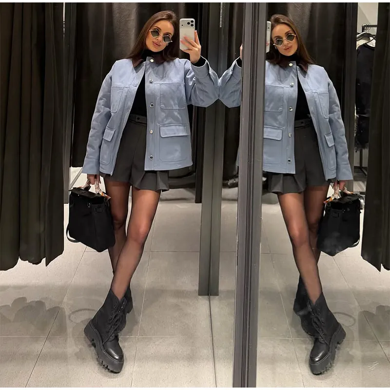 Jacke mit Revers und Taschen für Damen, Farbblock-Design, Lange Ärmel, Einreihiger Gerader Mantel, Lässige Streetwear, Neue Damenjacken – Detail 10