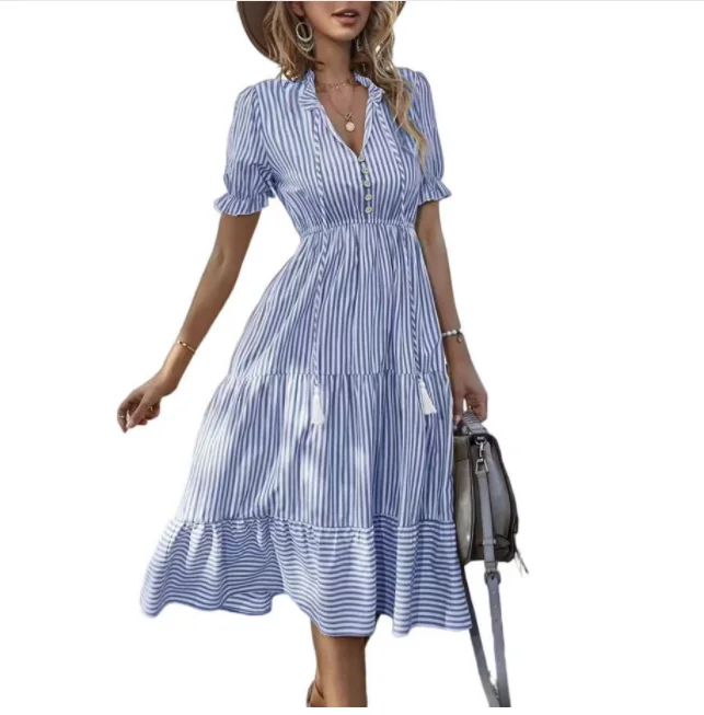 

Msfilia Spring Women's Striped Dress Causal Short Sleeve Tassel Medium Long Summer V Neck Button Dresses For Female