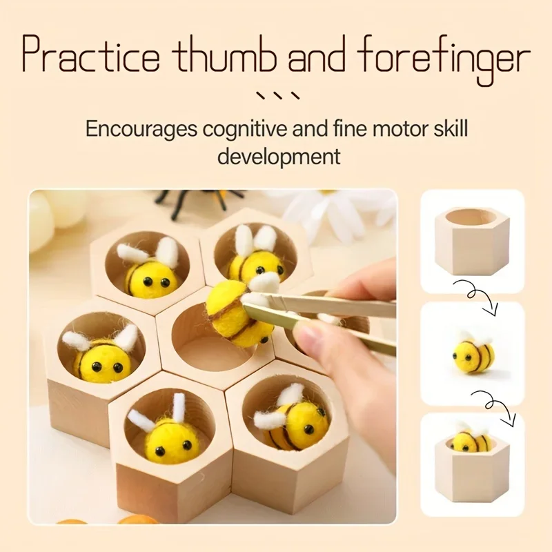 Wooden Bee Hive Sorting & Stacking Toys for Toddlers Learning Montessori Toys for Fine Motor Skill Tactile Toys Sensory Bin Toys 3