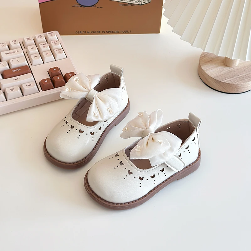 Little Girl's Leather Shoes Cut-outs Bowtie Pu Leather Shallow Kids Mary Janes Round Toe Children Shoes 21-30
