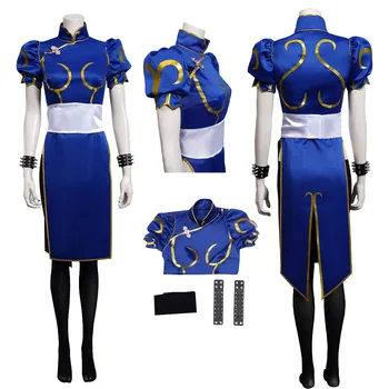 Chun Li Cosplay Female Costume Dress Cheongsam Female Role Play Blue Skirts Full Set Outfits Halloween Party Disguise Suit