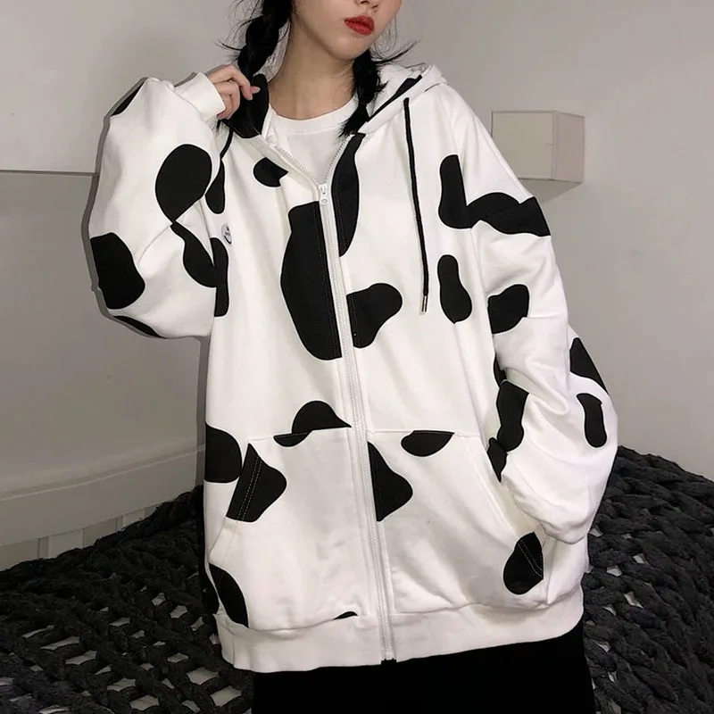 

Korean Fashion Cow Print Zip Up Hoodie Women Oversize Harajuku Streetwear Hooded Sweatshirt Cute White Top Casual Fall