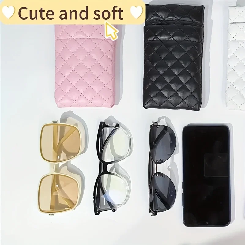 Soft Touch Quilted Leather Glasses Case - Pink and Black Design, Unisex Protective Travel Bag