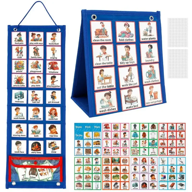 

Kids Visual Schedule Calendar Chart Hanging Daily Chore Routine Chart with 70 Cards Foldable Kids Visual Behavioral Planner