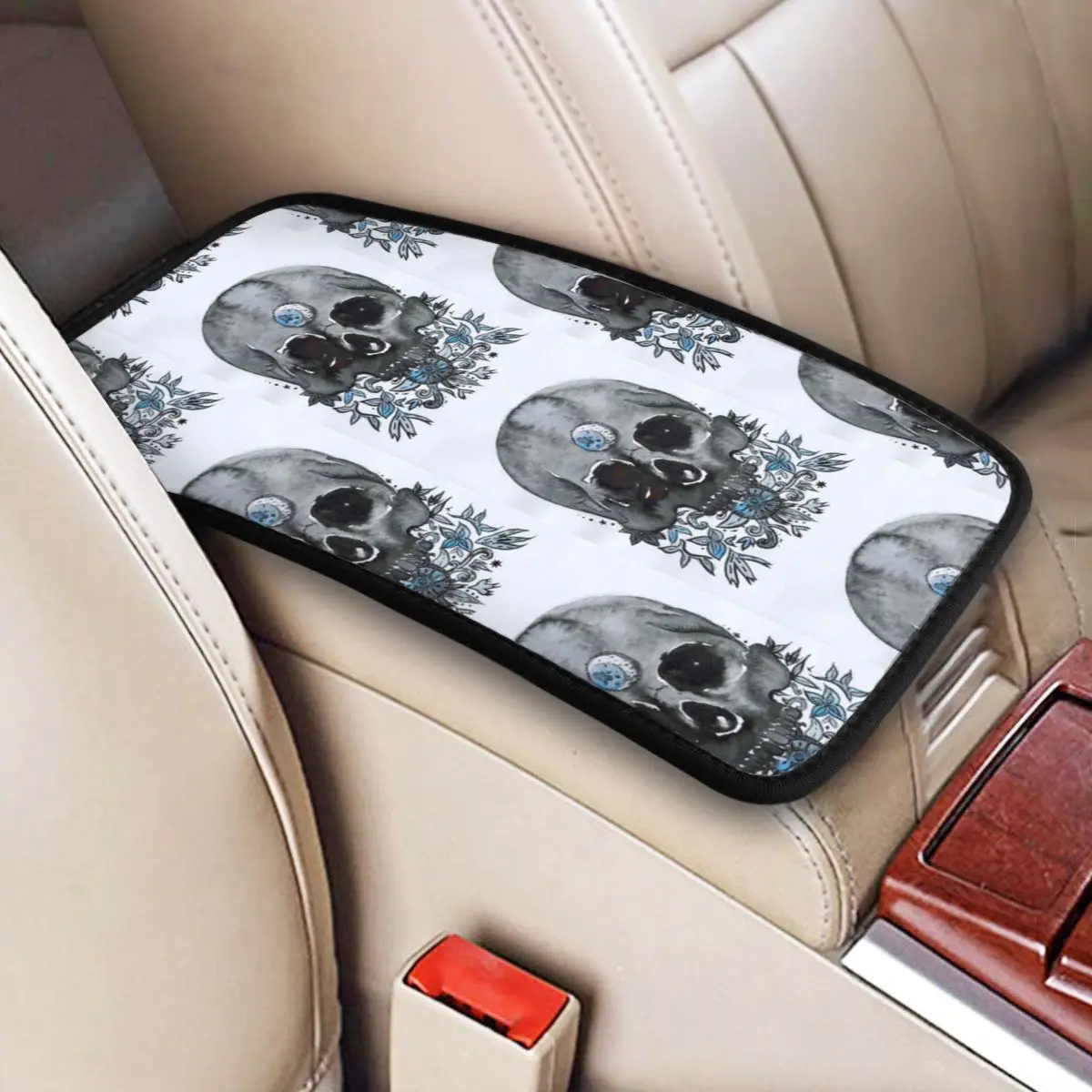 

Center Console Cover Pad Universal Black Moon Sugar Skull Car Armrest Cover Mat Skeleton Dark Biker witchcraft Storage Box Pad