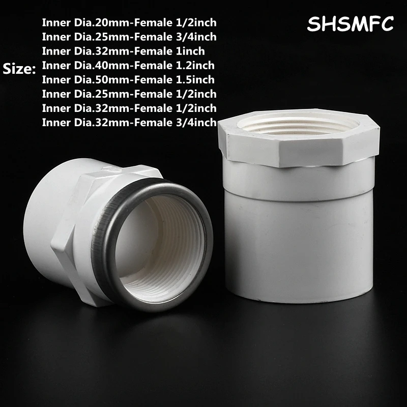 

White I.D 20~63mm To 1/2"~2" Female Thread Straight Connector Aquarium Fish Tank Hex PVC Pipe Fitting Garden Home Tube Adapter