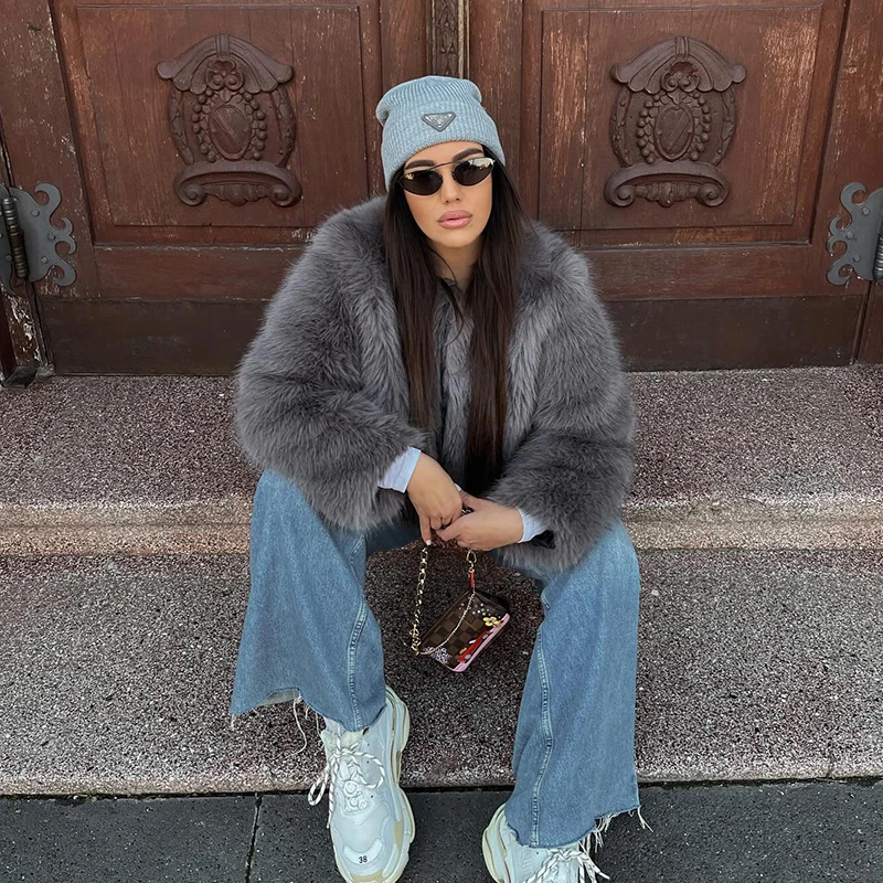 Street Fashion Girls Gray Fluffy Short Faux Fox Fur Jacket Women Winter Hot Brand Thick Warm Eco Fur Coat Female