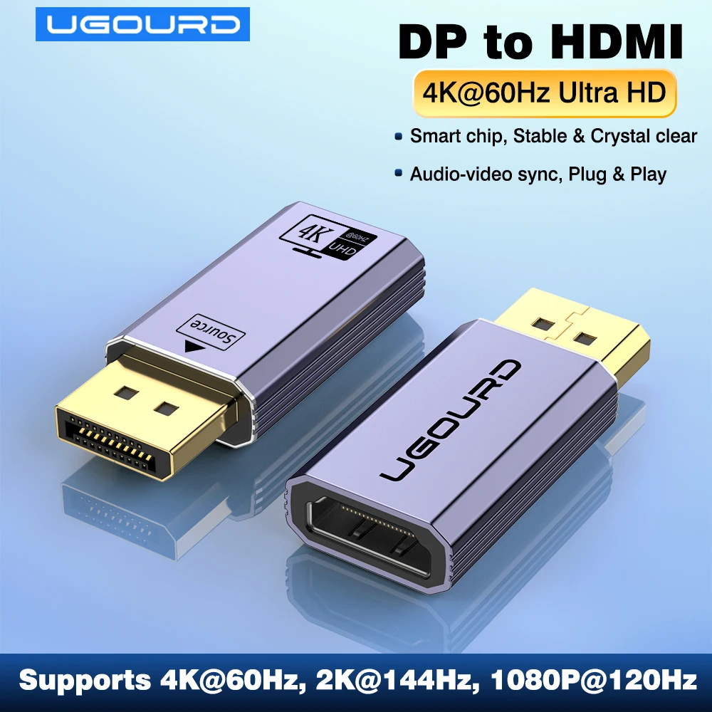 UGOURD Neues 4K 60Hz DP-zu-HDMI-Adapterkabel DisplayPort 1.2 zu HDMI 2.0 Konverter 4K30Hz Audio-Video-Synchronisation 2K144Hz Unidirektional