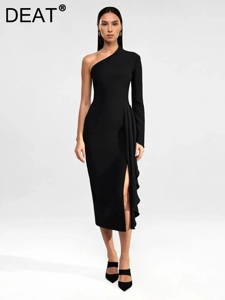 

DEAT Women's Fashion Evening Dress Diagonal Collar Single Rotator Cuff Ruffles Elegant Party Dresses Autumn 2024 New 13DB4084