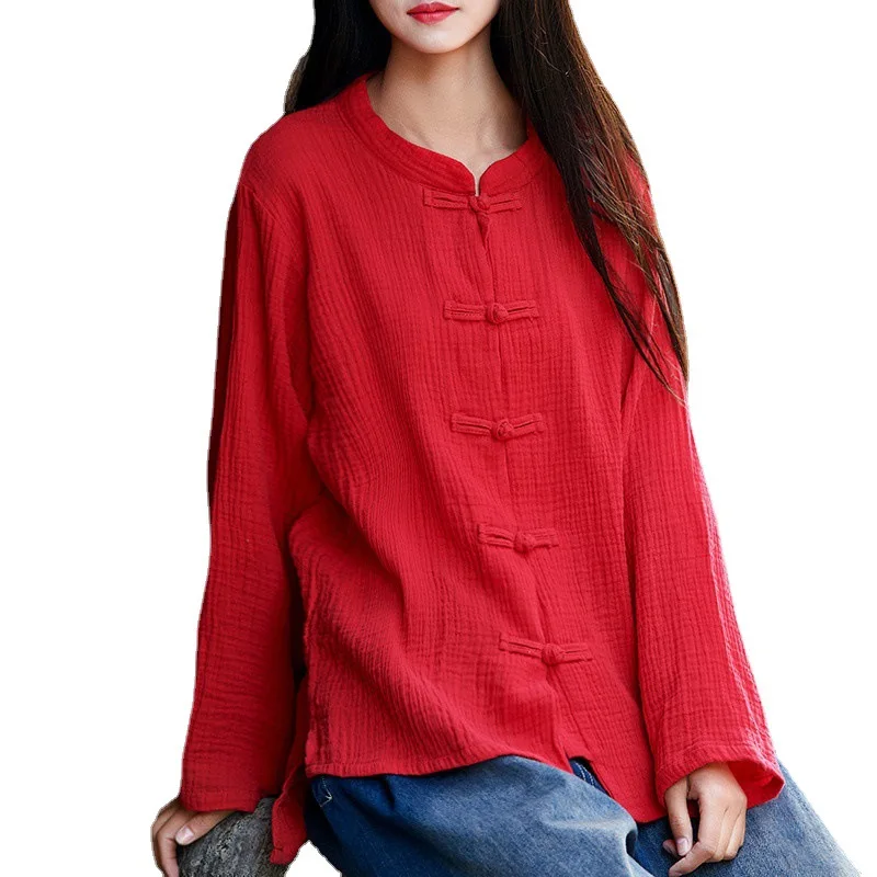 Spring Summer Cotton Linen Retro Zen Stand Collar Buckle Chinese Style Tops Vintage Cardigan Shirt Jacket Hanfu for Women