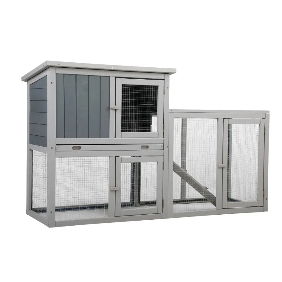 Wooden Rabbit Hutch Chicken Coop Removable Tray 3 Lockable Doors Indoor Outdoor Gray White