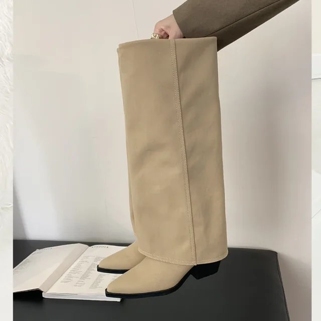 Spring Autumn Pointed Toe Knee-High Boots Women Designer Vintage Square Low Heels Shoes Modern Long Botas Para Mujer 1