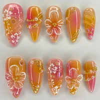 White Flower Fake Nail Tips Ins Yellow Pink Blush False Nails Wearable Full Cover European Almond Shaped Press on Nails