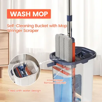 Floor Flat Squeeze Mop with Bucket Hand Free Lazy Cleaning Mop Microfiber 360 Rotating Self-Wringing Mop House Cleaning 1