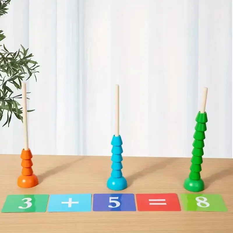  수학 카운팅 스태커 몬테소리 나무 숫자 학습 장난감, 덧셈 카드 포함, 색상 분류 교육용 장난감