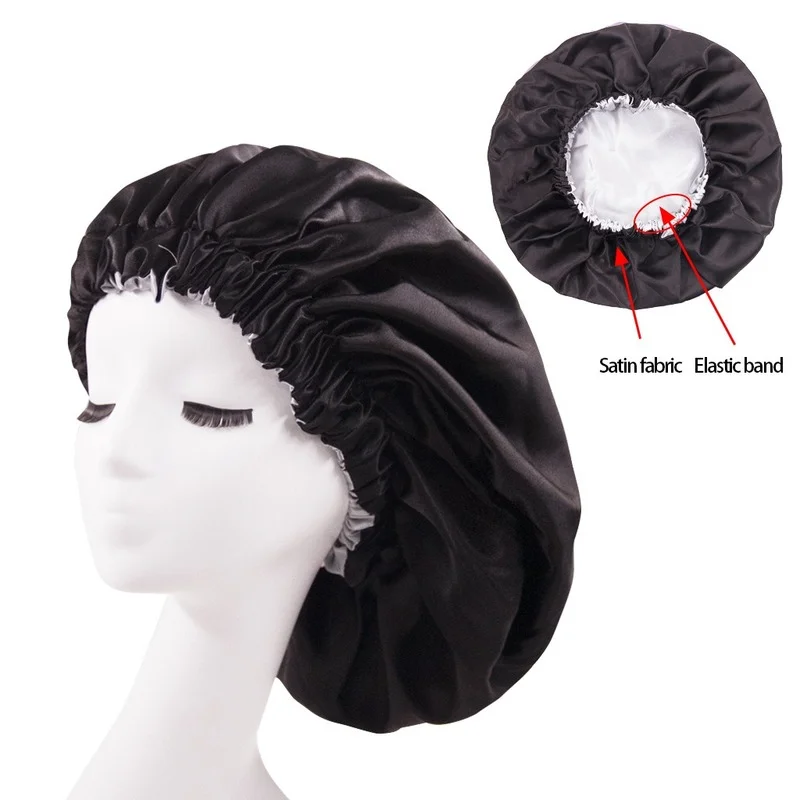 

Sdatter Solid Color Reversible Silky Satin Bonnet Double Layer Sleep Night Cap Head Cover Bonnet Hat for For Curly Springy Hair