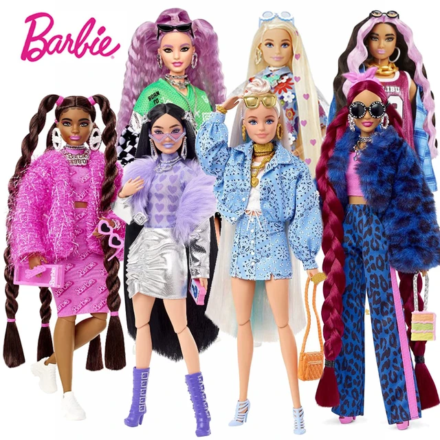 Original barbie extra boneca rosa impressão denim jaqueta em camadas roupas  brinquedos para meninas com filhote de estimação bjd bonecas moda