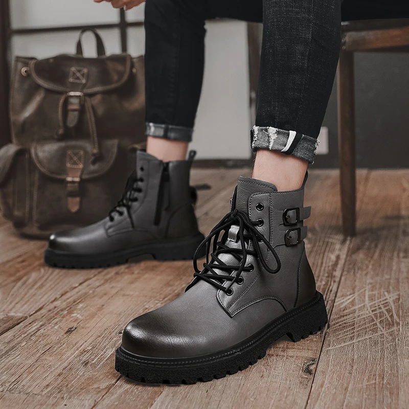 Mens Ankle Boots Winter Hiking Motorcycle Boots Casual Fashion Low-heeled Genuine Leather High Top Black Warm Cotton Shoes