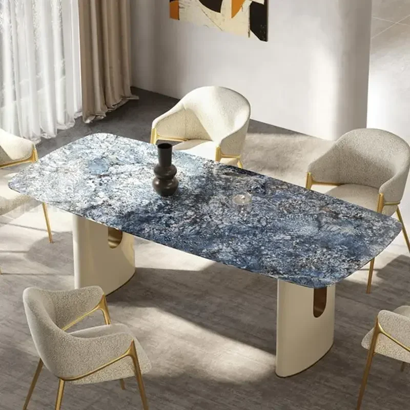 

Italian Rectangle Dining Table Blue Texture Rock Panel Tabletop Stable Table Frame Round Corner Luxury Dining Room Furniture
