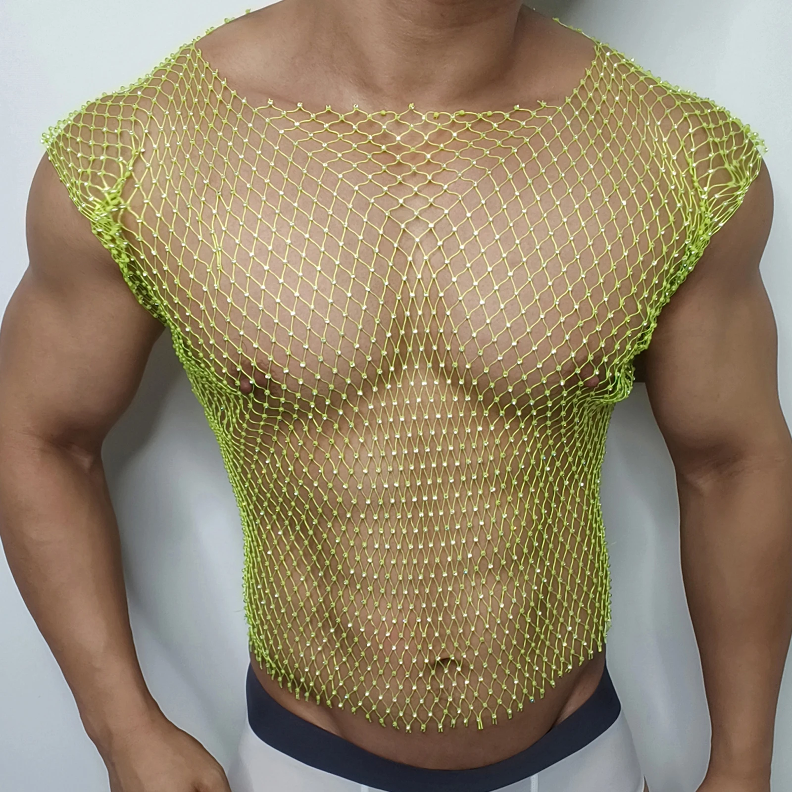 Men Sexy Tank Tops Fishnet Rhinestone Shiny Hollow Vest Man Mesh See-Through Sleeveless T-Shirt Transparent Clothing 4