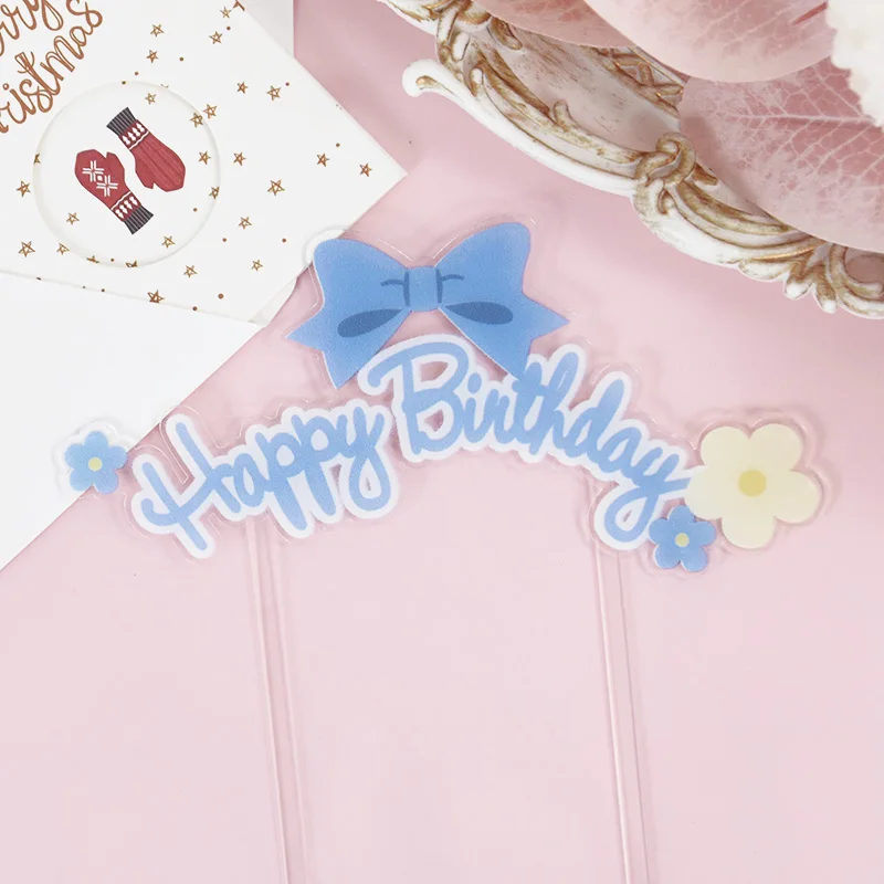 

1pcs Happy Birthday Acrylic Cake Toppers Pink Blue Purple Bow Cake Toppers Baby Shower Cake Birthday Party Cake Flag Decorations