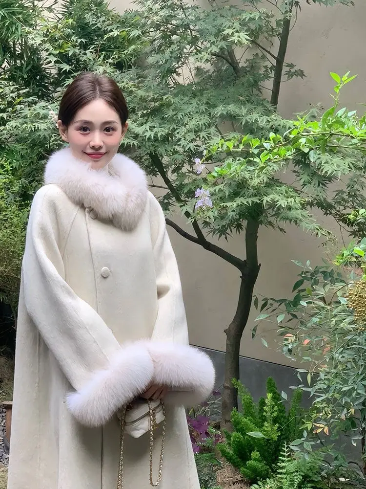 Korea Autumn Winter Long Woolen Cloak Fur Collar Woolen Coat Luxury Cashmere Poncho Blend