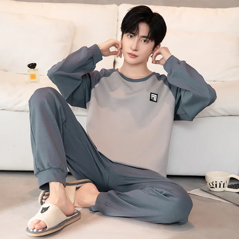 Autumn/Winter Men's Cotton Pajama Set Long Sleeve Loose-Fit Casual Sports Sleepwear Plus Size Home Clothes