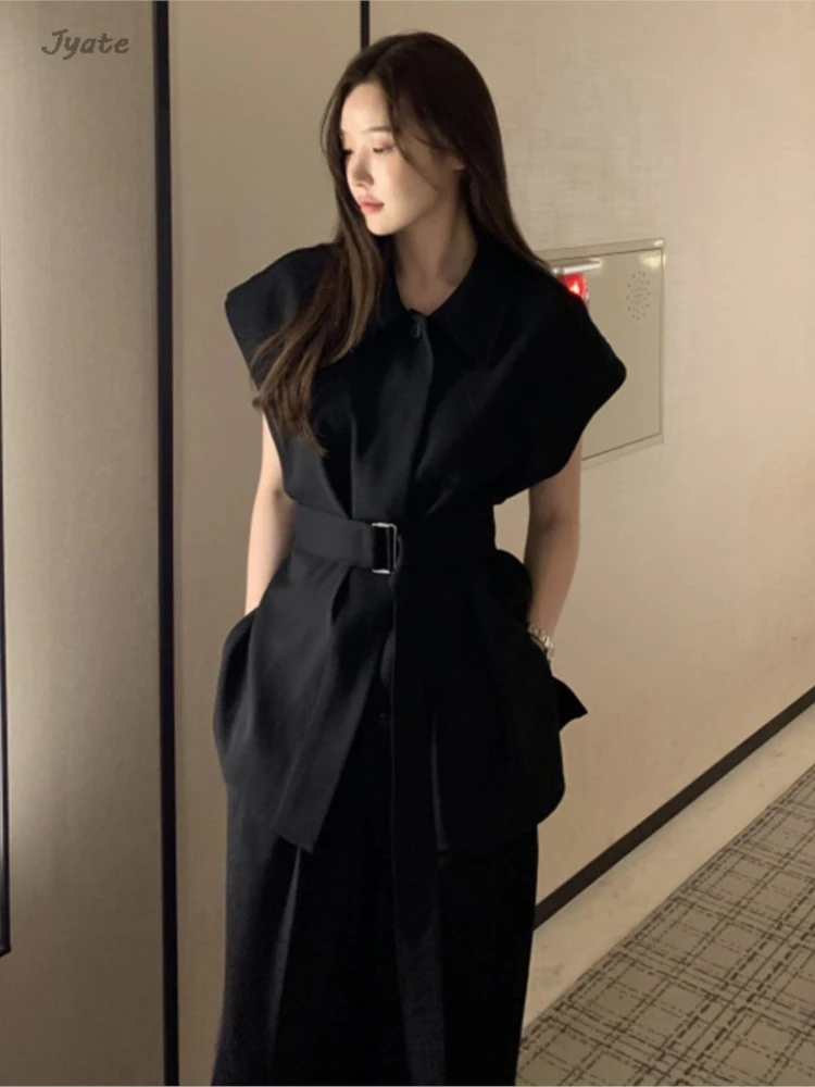 Office Lady Fashion Lapel T-shirts + Wide Leg Pant Sets Loose Short Sleeve Belted Tops High Waist Straight Trouser Women Outfits