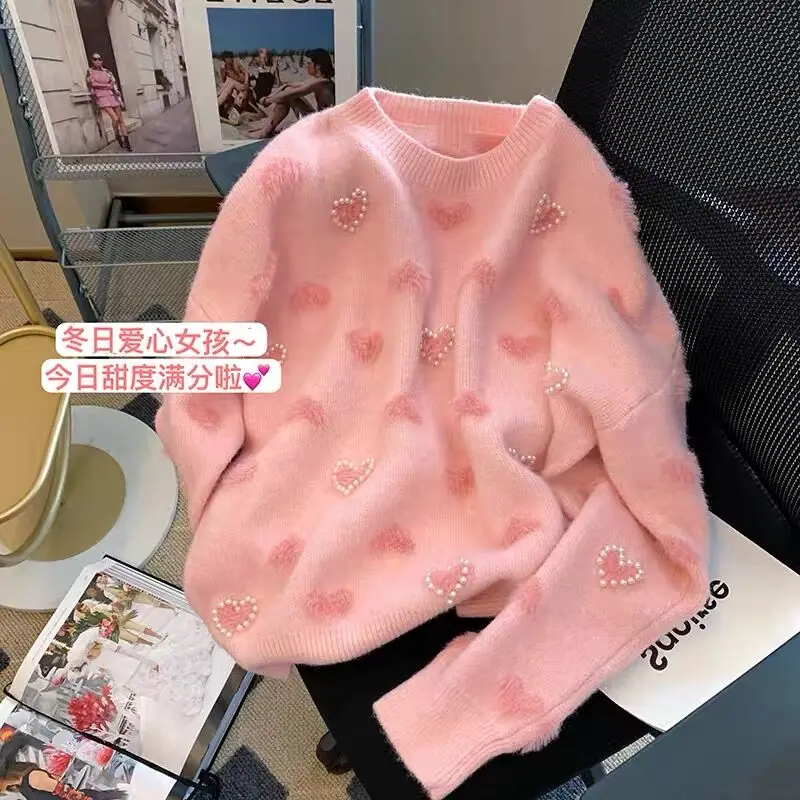 

Beaded Studded Loveheart Warm Sweater Female Autumn and Winter 2023 Loose Casual Soft Knitwear Chic Knitted Pullover Top