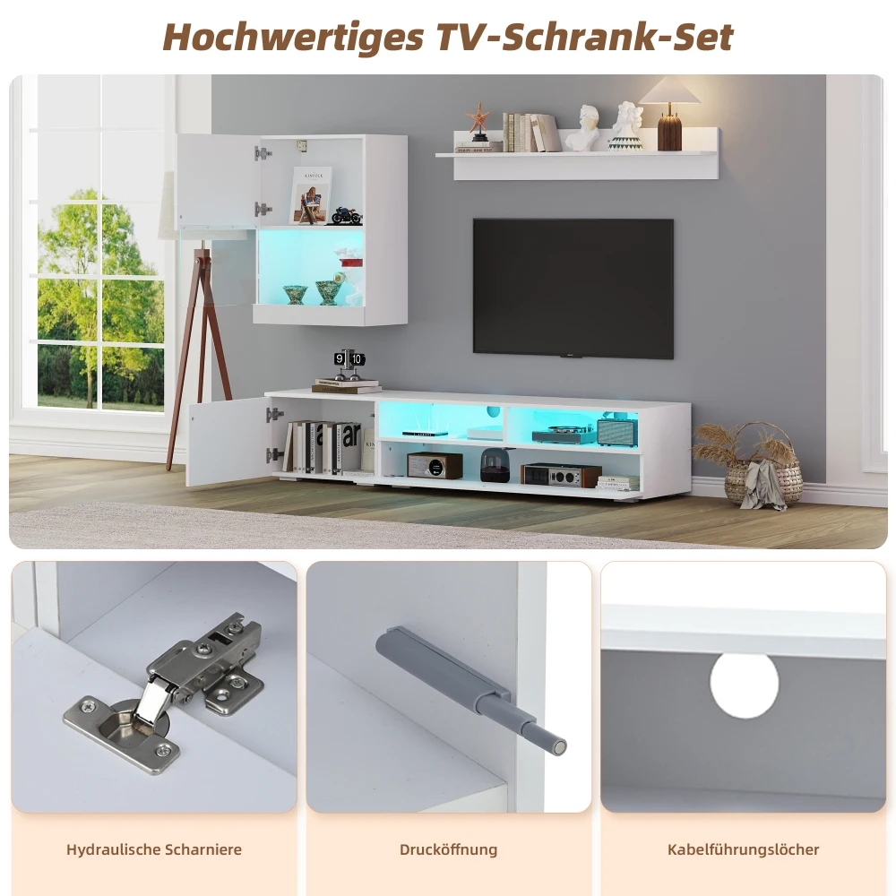 175 x 39 x 34 cm großes TV-Wandset mit Vitrine (Komplettset, 3 Stück), inkl. TV-Platte, Regal und Wandregal, mit LED und Hochglanz – Detail 13