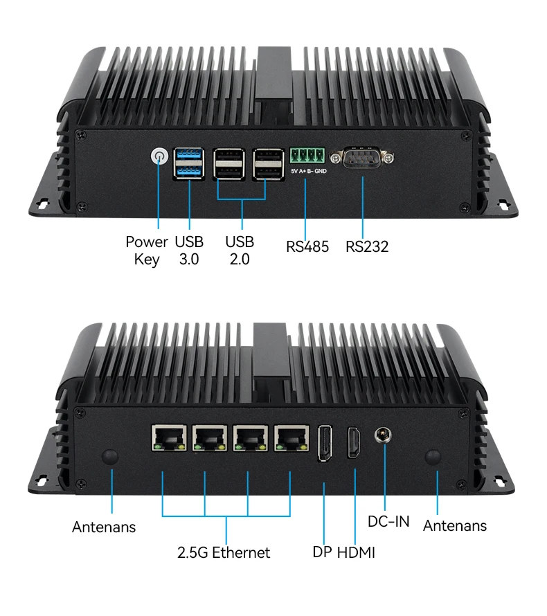 Fanless Industrial Mini PC Intel N100 Processor 4x 2.5G Ethernet Mini-PCIE Expansion WiFi 4G SIM Support Windows Linux Openwrt 2