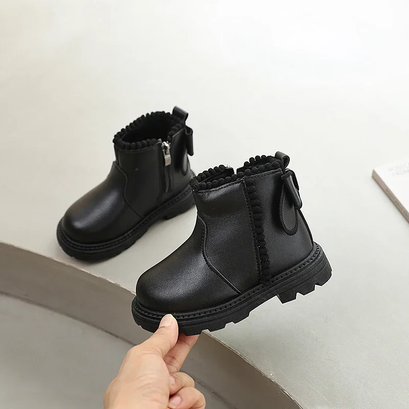 Girls Leather Ankle Boots with Bowknot for Kids