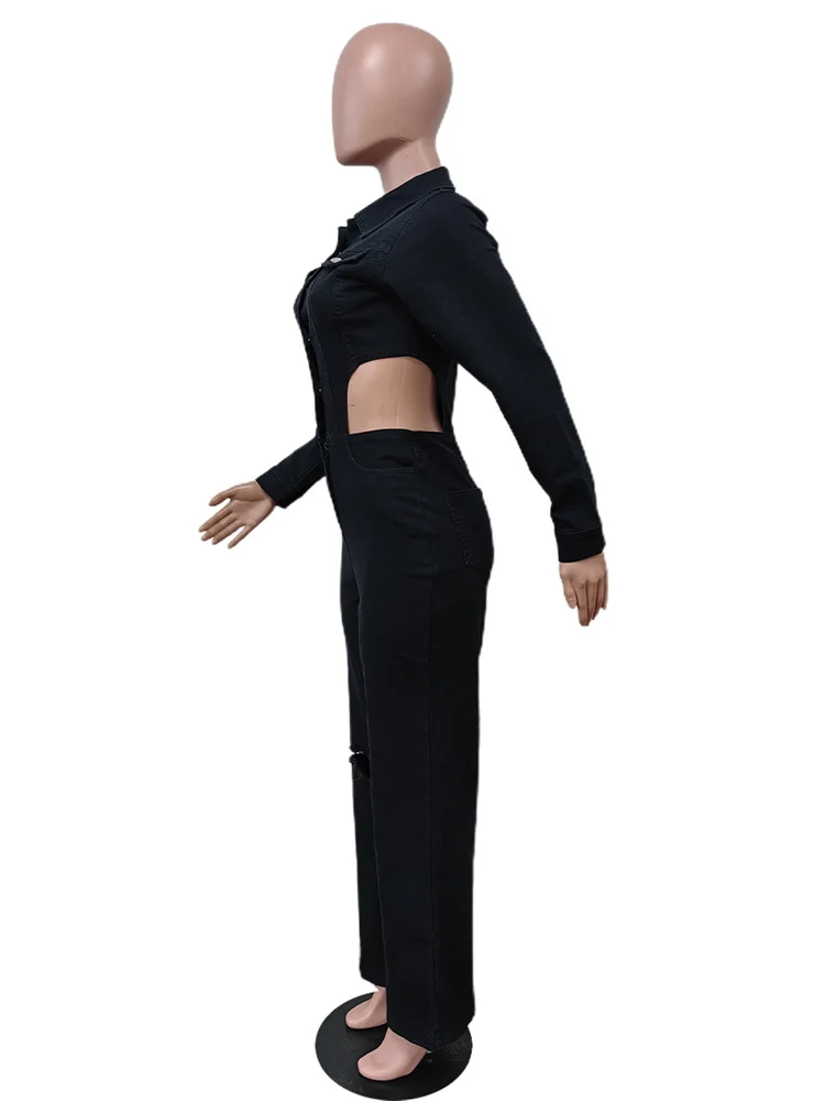 Wmstar Denim Jumpsuit Women Clothing Romper Hollow Out Side Casual New in Fall Fashion Hole Long Pants Wholesale Dropshipping