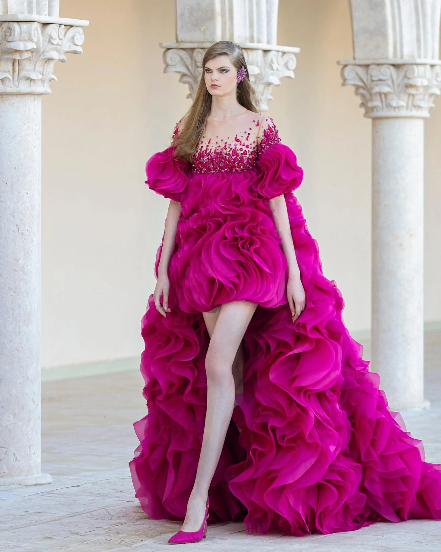 

Gorgeous Magenta 3D Ruffles Hi Low Tulle Ball Gowns Charm Sheer Neckline Crystal Pageant Dress Illusion Formal Event Evening Gow