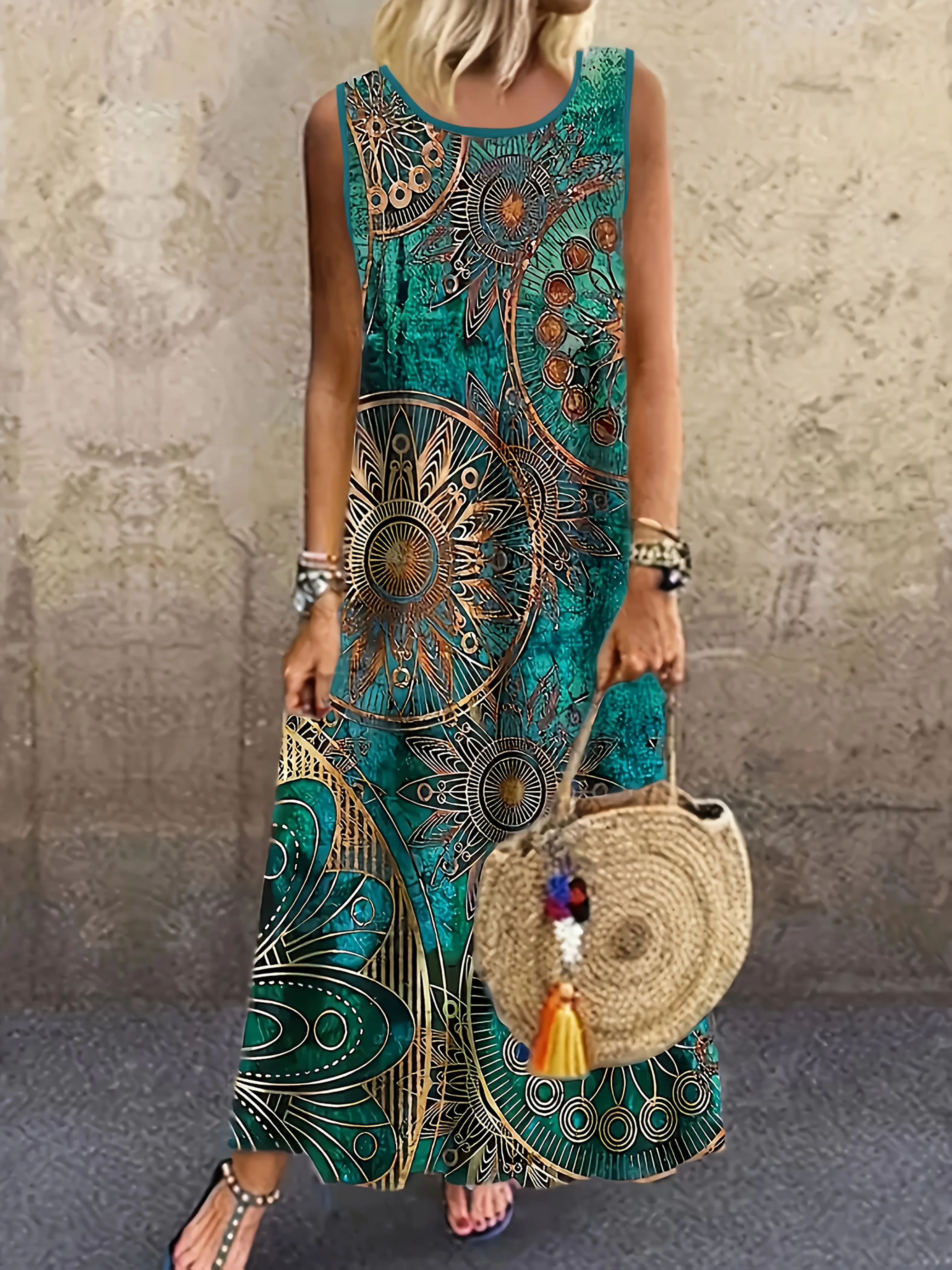 Women's Casual Dress with a Round Neck Sleeveless Featuring Paisley Pattern Print Leisure Bohemian Trendy V-neck Ankle-length 1