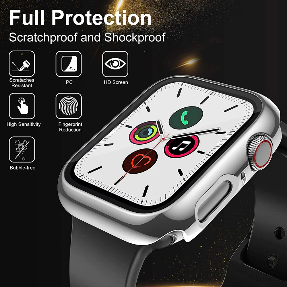 360 Full Cover for Apple Watch 45mm 41mm 44mm 40mm 42mm 38mm, Plating Case Glass Screen Protector for iwatch SE 7 6 5 4 3 2 1