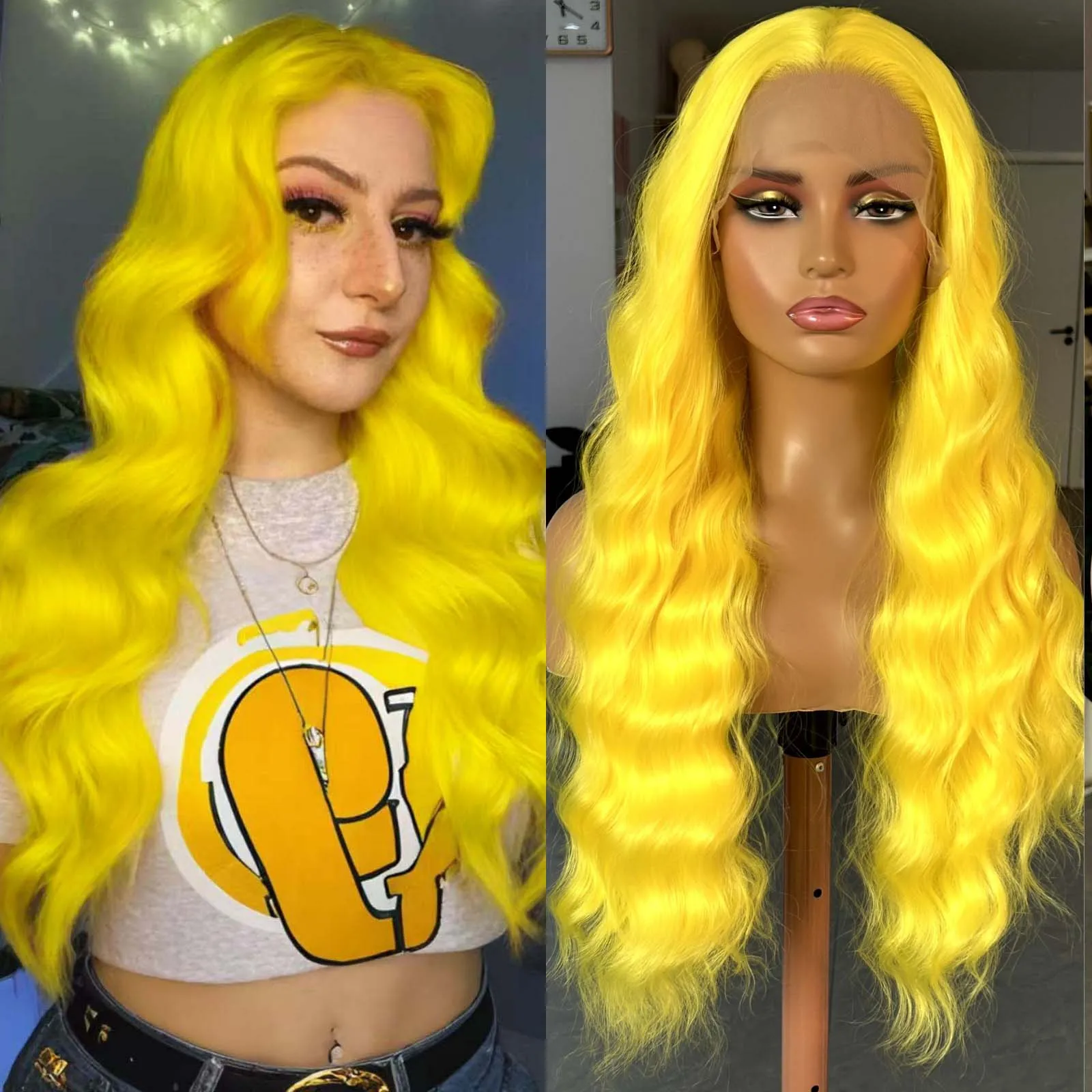 Lemon Yellow Wig Long Wavy Natural Curly Synthetic Lace Front Wig Free Party Deep Wave Colored 13X4 Frontal Wigs for Women Party