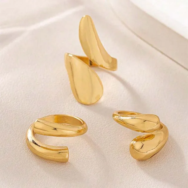 88109-cb13a8.jpg 3 pièces/ensemble Vintage couleur or goutte d'eau anneaux pour les femmes mode créative métal lisse géométrique réglable anneau ouvert bijoux