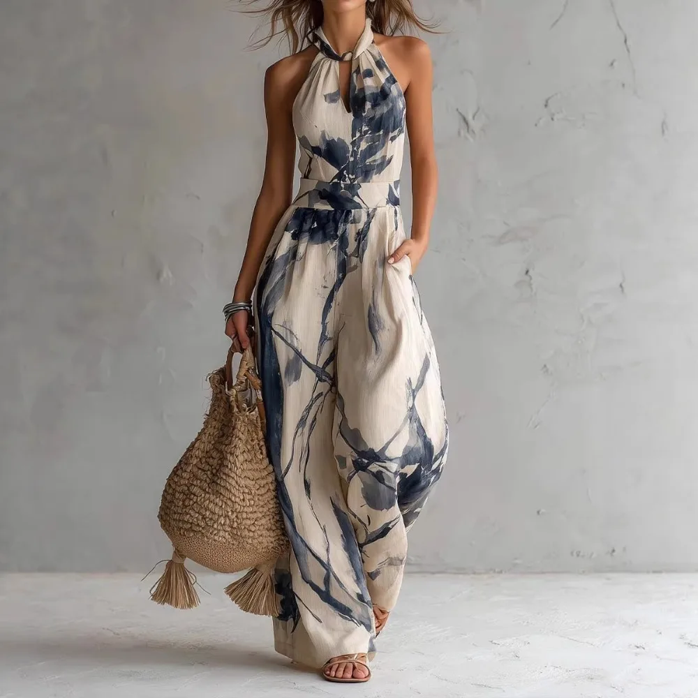 Rückenfreier Neckholder-Jumpsuit mit Digitalprint für Damen im Frühling und Sommer, Schicker und Moderner Stil
