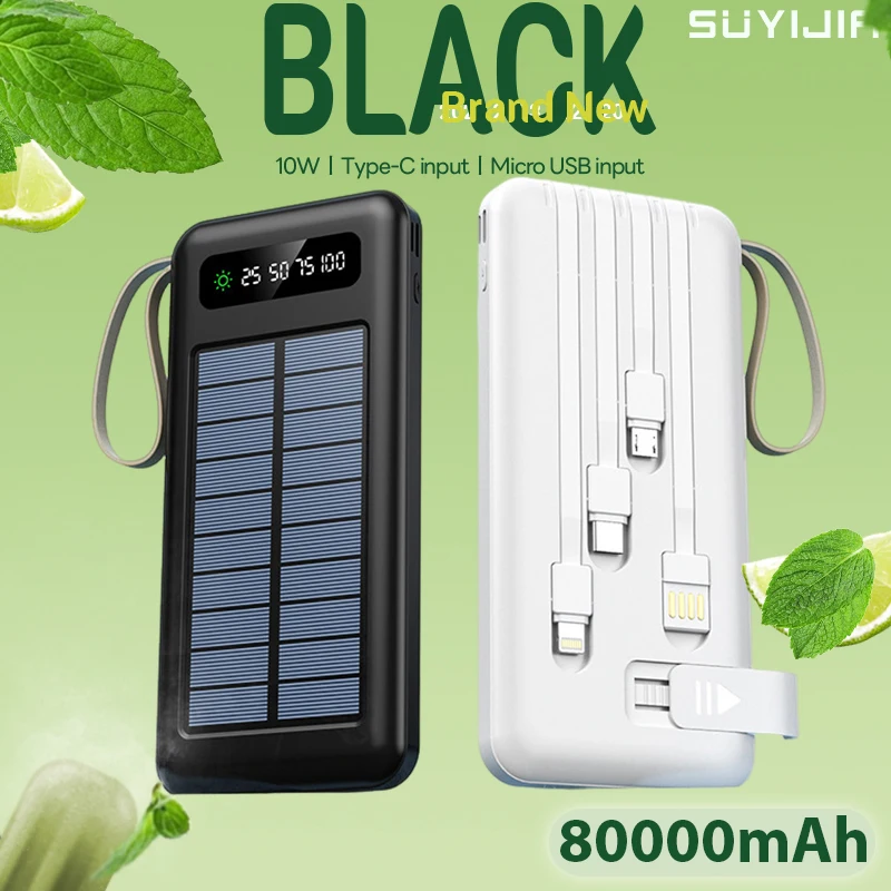 

Solar Power Bank 80Ah 10W Large Capacity Built-in Fast Charging Portable Charging Power Supply Type-C Detachable Charging Cable