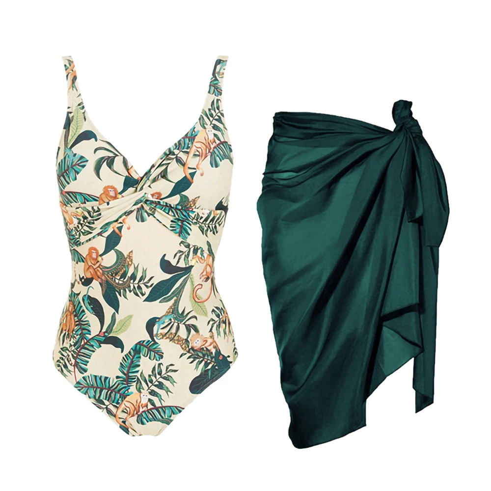 

Cute Monkey Print Swimsuit Suspenders Halter Sexy Bikini One-Piece 2023 Woman Irregular Straps Cover Up Beachwear