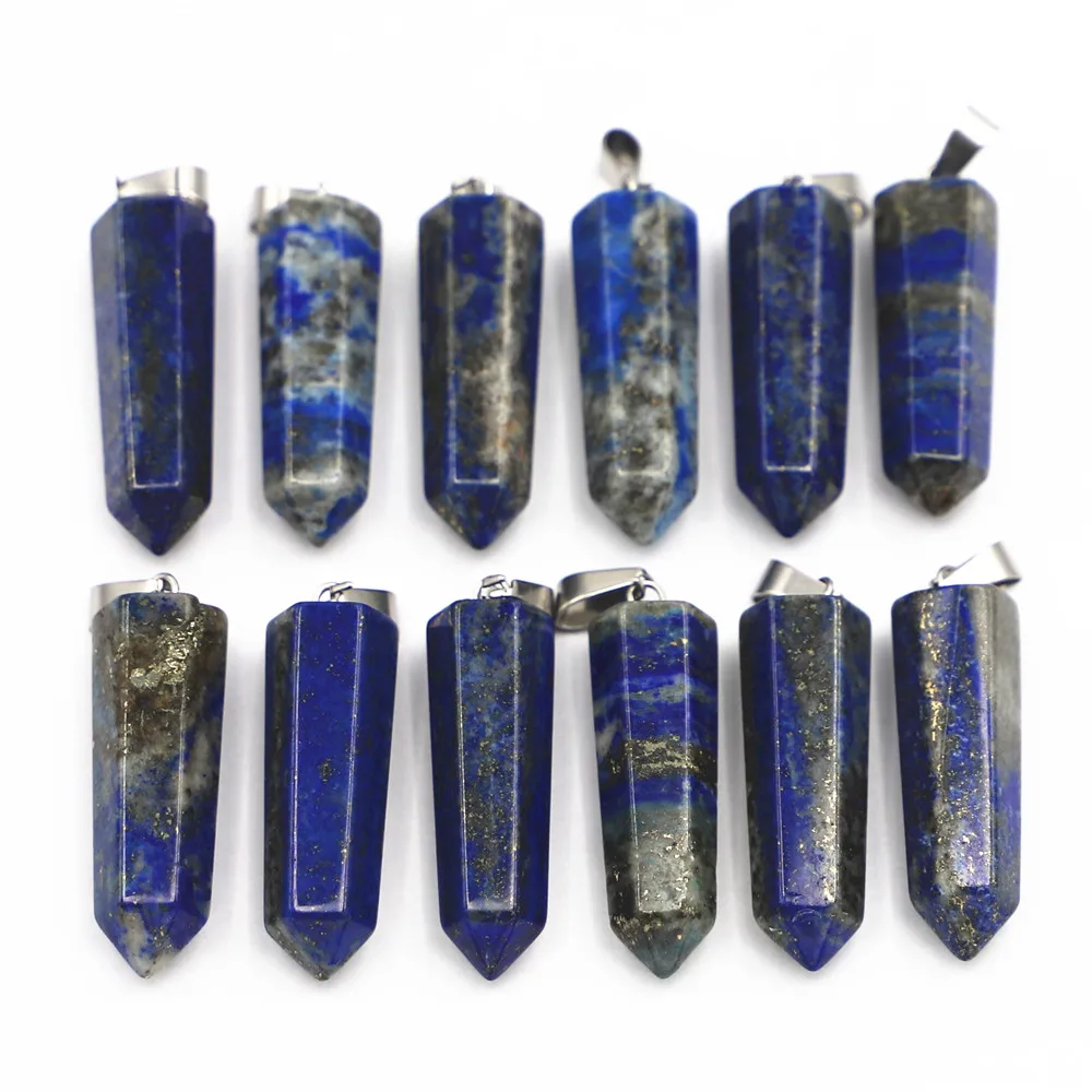 Hot Natural Lazurite Lapis Lazuli Stone Point Pillar Pendants Charms Penduloum Hexagonal Column for Women Jewelry 32x10mm 12pcs