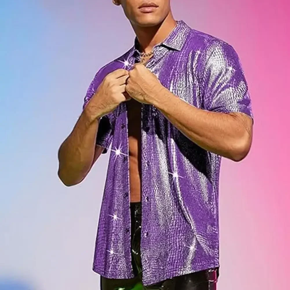 Men Party Shirt Shiny Surface Men's Performance Shirt with Turn-down Collar Long Sleeves for Club Party Disco Stage Show men party shirt