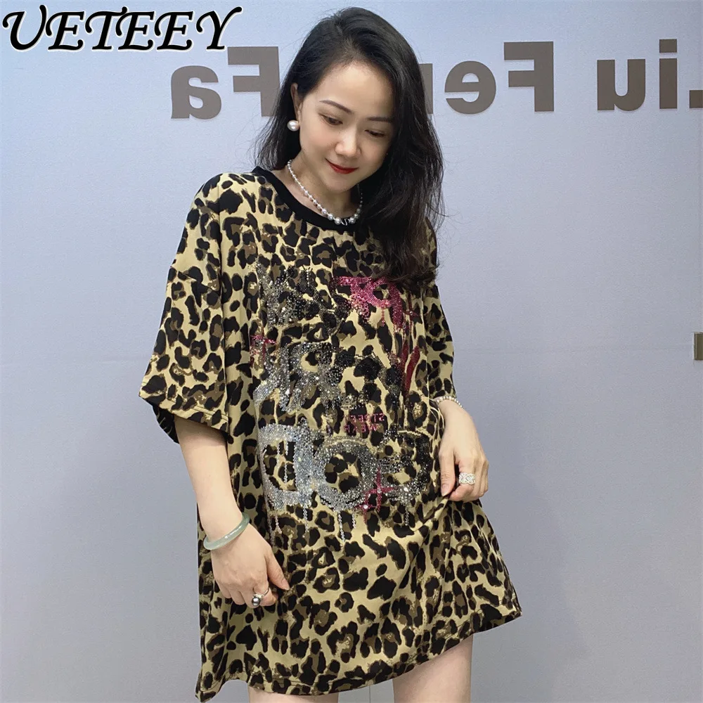 

Женская шифоновая футболка с коротким рукавом, свободная тонкая футболка большого размера с леопардовым принтом, лето 2024