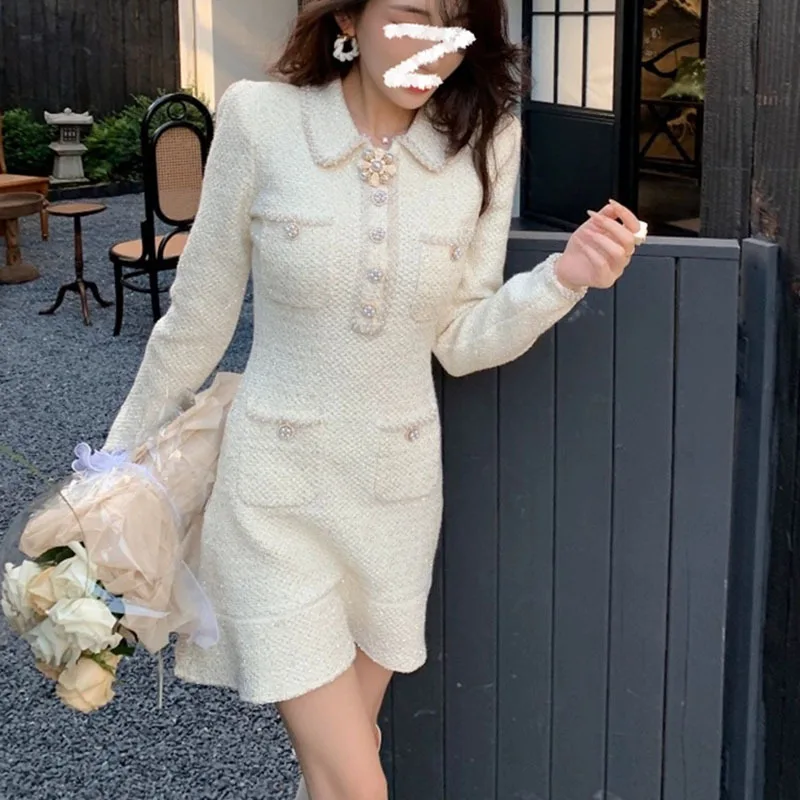 

Luxury Pearls Beading Clothing Women Korean Fashion Long Sleeve White Knit Sweater Dresses 2023 Vestidos Para Mujer Elegantes