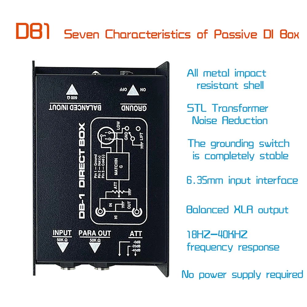 Passive Audio DI Box Low Noise Single Channel Balanced Unbalanced Signal Isolato