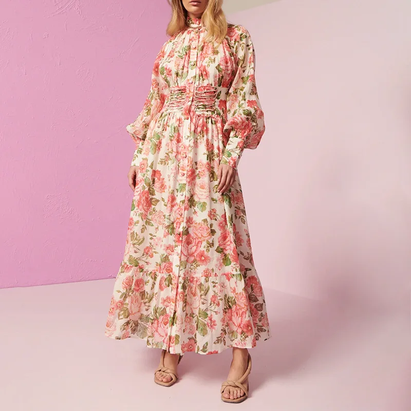 2023 New In French Vintage Dress for Elegant Women Female Floral Printed Lantern Sleeves Waist