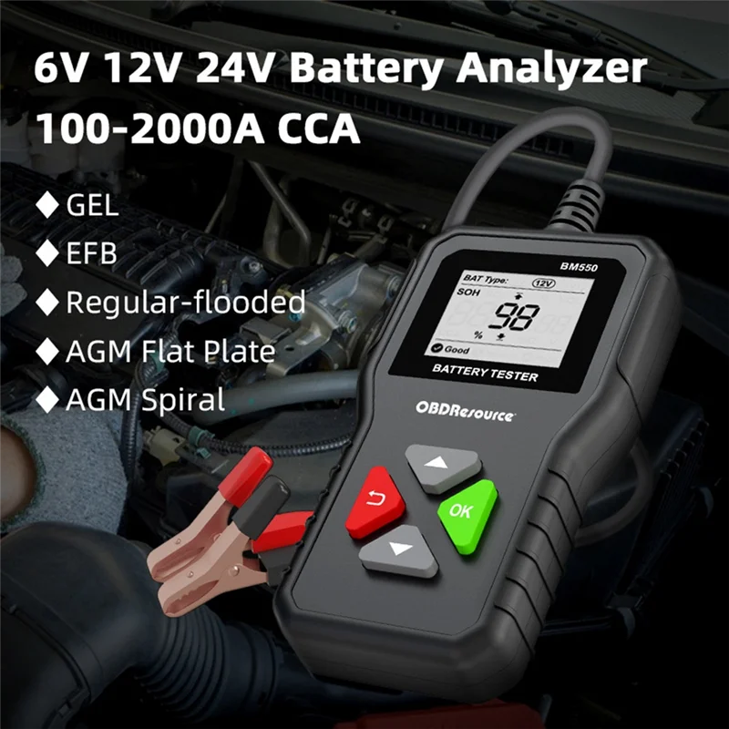 OBDResource Autobatterie Tester 6V 12V 24V Autobatterie messgerät-Tester,  BM550 100-2000CCA Batterietester kfz Ladesystem Test-Scan-Tool Digital  Battery Alternator Analyzer für PKW-LKW ATV SUV Boot : : Auto &  Motorrad